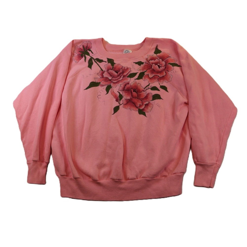 Pannill Women 2XL Sweatshirt Pink Hand Painted Floral Rose Vintage USA Made